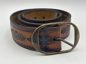 Vintage 1970s Hand Tooled Brown Leather Belt With Brass Belt Buckle 36'