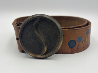 Vintage 1970's Flower Power Hand Tooled Brown Leather Belt By Adezy Denver Brass Belt Buckle 35'