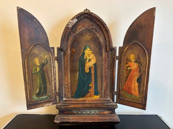 Antique Wood European Italian 19th Century Triptych Madonna & Child Italian Religious Salvage