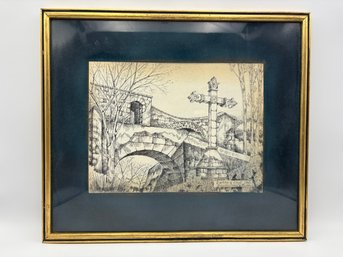 Vintage 1960's Mexican Etching Drawing Architecture Art - Raymundo Vasquez - Puente Y Cruz 1968 - 13 X 15