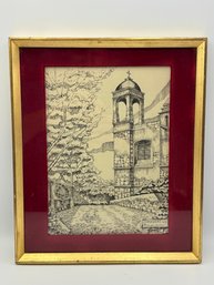 Vintage 1960's Mexican Etching Drawing Architecture Art - Raymundo Vasquez - Panzacola 1969 - 10.5 X 12