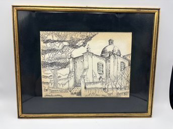 Vintage 1960's Mexican Etching Drawing Architecture Art - Raymundo Vasquez - Coyoacon Atono 1968 - 15.5 X 12
