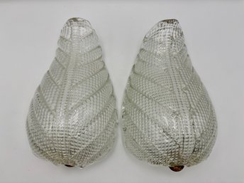 Vintage Pair Of Art Deco Murano Glass Wall Sconce Lamps Barovier & Toso Ribbed Leaf 1940s Brass Hardware
