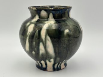 Vintage Green & White 1970s Glazed Drip Pottery Small Vase