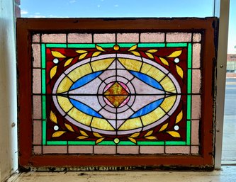 Antique Victorian Stained Glass Window W/ Transom Wheel-Cut Bevels & Jewels 36.5 X 28.25