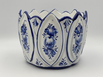 Vintage Blue & White Hand Painted Porcelain Planter Pot Made In Portugal