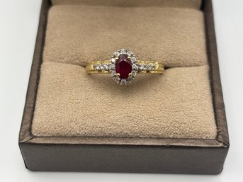 Vintage 14K Yellow Gold Oval-Cut Ruby & Diamond Halo Ring Size Size 8 (2.98g)