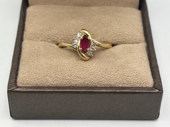 Vintage 14K Yellow Gold Marquise Ruby & Diamond Ring Size 7 3/4 (2.67g)