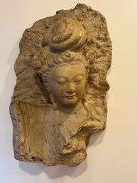Antique Vintage Quan Yin Goddess Stucco Hanging Wall Head Bust Carved Sculpture