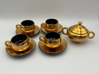 Vintage Small Metallic Gold Ceramic Tea Espresso Coffee Cup Set With Saucers, Cups & Sugar Bowl
