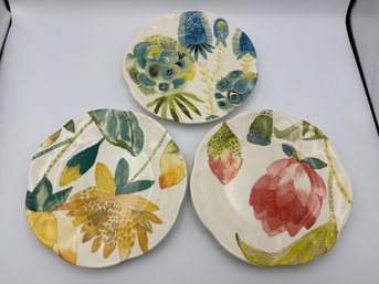 Lot Of 3 Rare Anthropologie Michelle Morin Garden Buzz Red Floral Desert Plate 8.5