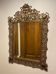 Antique Victorian 19th Century Ornate Brass Large Mirror With Face Motif 25 X 17