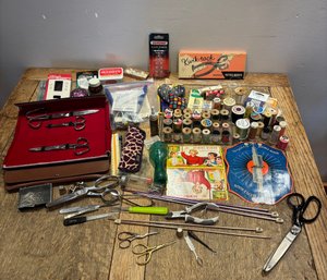 Vintage Sewing Lot  Spools, Threads, Needles, Stork Scissors & More!