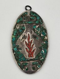 Vintage .925 Sterling Silver Inlaid Turquoise Necklace Pendant Made In Mexico