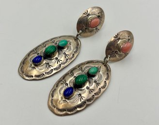 Vintage Large Sterling Silver Marked AP Sterling Post Earrings With Turquoise Stones 2.25'