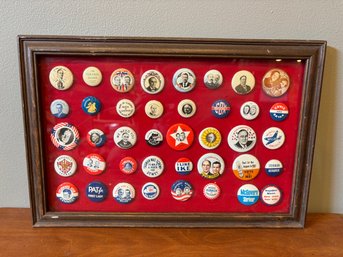 Lot Of Vintage Political Repro Republican Democrat Buttons Pins 70's In Wood Frame - 14 X 10