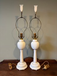 Antique Aladdin Fenton Milk Glass Table Lamp Pair - 31'