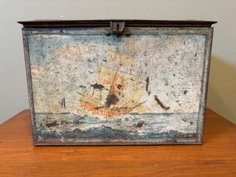 Vintage Metal Tin Coffee Tea Bread Bin Christopher Columbus Litho - 11 X 8.5 X 7.5
