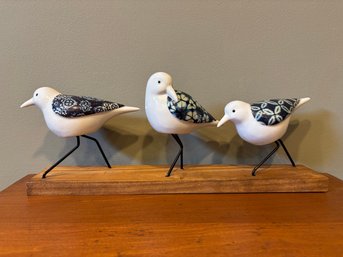 Wilford & Lee Three Blue & White Shorebirds Birds On A Base Coastal Wood Statue Base Decor