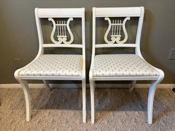 Pair Of 2 Antique White Antique Painted Wood Chairs Lyre Harp Back Chic Chair