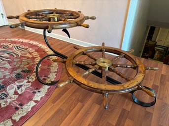 Vintage Nautical Rare Unique Anchor Table With Ship Wheel Tops (no Glass)