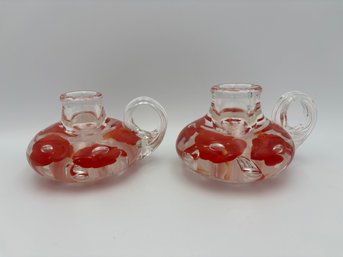 Pair Of Two Mike Mitchell Glass Candle Holders Floral Weighted