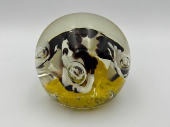 Vintage Handblown Glass Paperweight Yellow & Black Accents - 2.5'