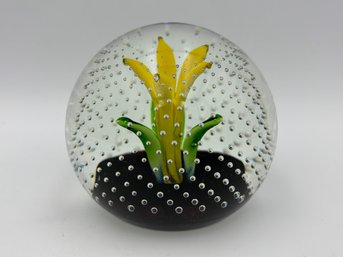 Vintage Handblown Glass Sphere Paper Weight Yellow Flower Made In Scotland - 3'