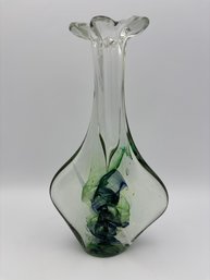Vintage Handblown Murano Style Glass Bud Vase Cologne Bottle Green & Clear 9.5'