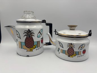 Vintage MCM Mid Century Georges Briard Metal Enamelware Tea Pot & Percolator 7' & 4.75'
