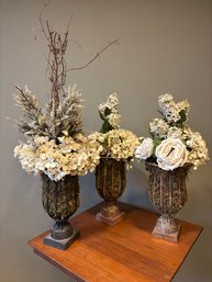 Lot Of 3 Faux Flower Assortments In Standing Vase Urns