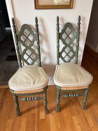 Vintage Pair Of Antique Green Throne Style Wood Chairs With Wicker Bottom