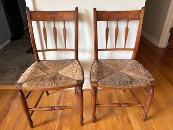 Antique American Sheraton Chair Wood Rattan Wicker Chair Pair