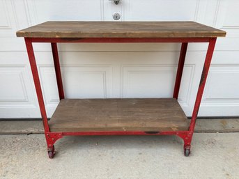 Vintage Industrial Metal & Wood Red Rolling Cart