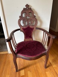 Antique Art Nouveau Walnut Chair With Red Velvet Upholstery