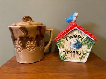 Lot Of 2 Vintage Ceramic Cookie Jars - Birdhouse & Espresso Mug