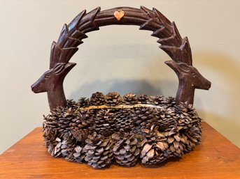 Vintage Antique Wooden Wood Pinecone Deer Basket Folk Art
