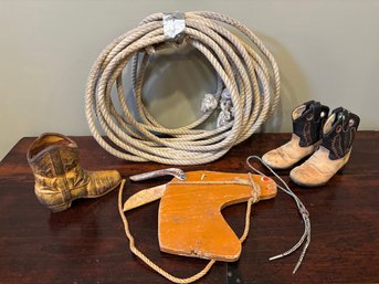 Lot Of Western Stuff - Youth Leather Boots, Rope, Vintage Wooden Donkey Head