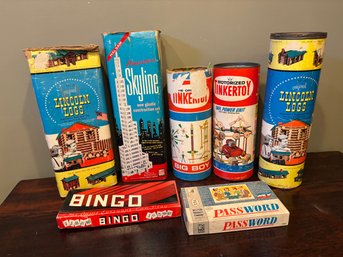 Lot Of Vintage 50s 60s Toys And Board Games - Tinkertoy, Lincoln Logs, Halsam, Password