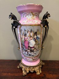 Antique Pink French Porcelain Vase On Gold Metal Stand With Dragons