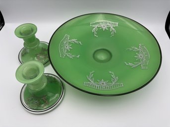 Vintage Mid Century MCM Green Glass Bowl & Candle Holders - Set Of 3