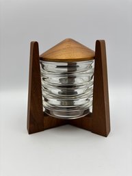 Vintage MCM Walnut & Glass Drink Coaster Ashtray Set - Set Of 5