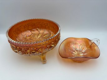 Lot Of 2 Imperial Marigold Lustre Carnival Glass Dishes Orange