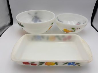 Anchor Hocking 'Gay Fad Fruit Design' Fire King Milk Glass White Baking Dish & 2 Mixing Bowls Set Of 3