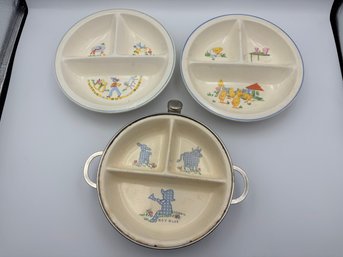 Set Of 3 Little Boy Blue Vintage Toddler Bowl Plate With Warming Dish By Excello