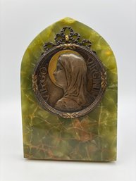 Vintage Virgin Mary Copper Brass Coin & Onyx Art Nouveau Standing Decor