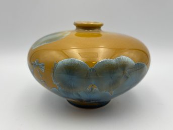 Vintage Yellow & Blue Crystalline Vase By SevenPorts Taiwan 6x3.5in