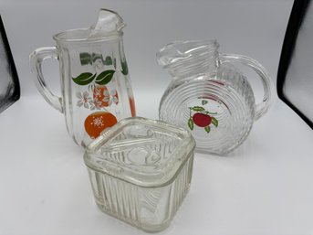 Vintage MCM Fruit Pitchers And Glass Container Lot Of 3