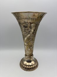 Vintage Silver Plated Trumpet Vase Ornate Folk Design 11'