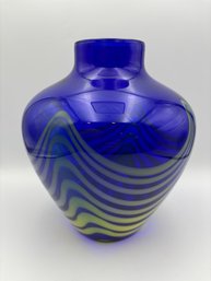 Vintage Fat Cobalt Blue Vase Hand Blown Art Glass